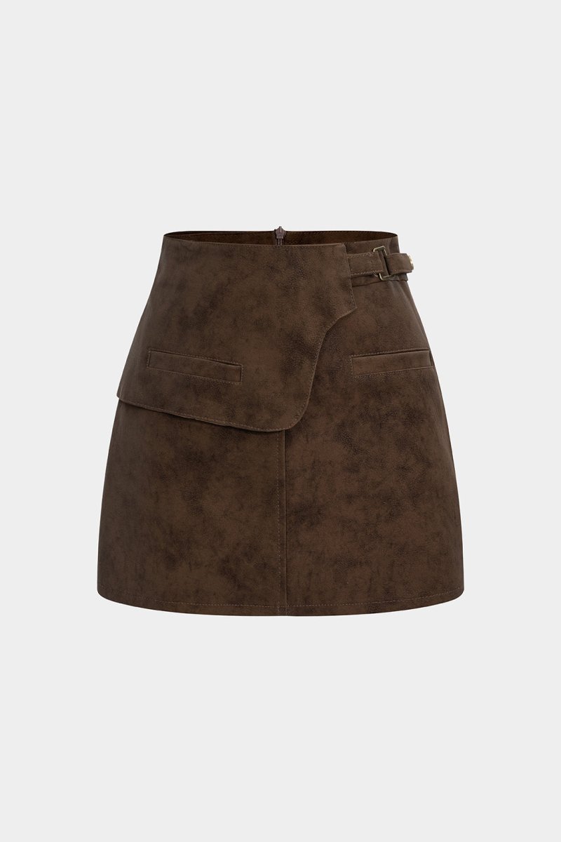Faux Leather Asymmetrical Zipper Belted Skirt - MISMIMCWBK2509080031-BROWN-XS