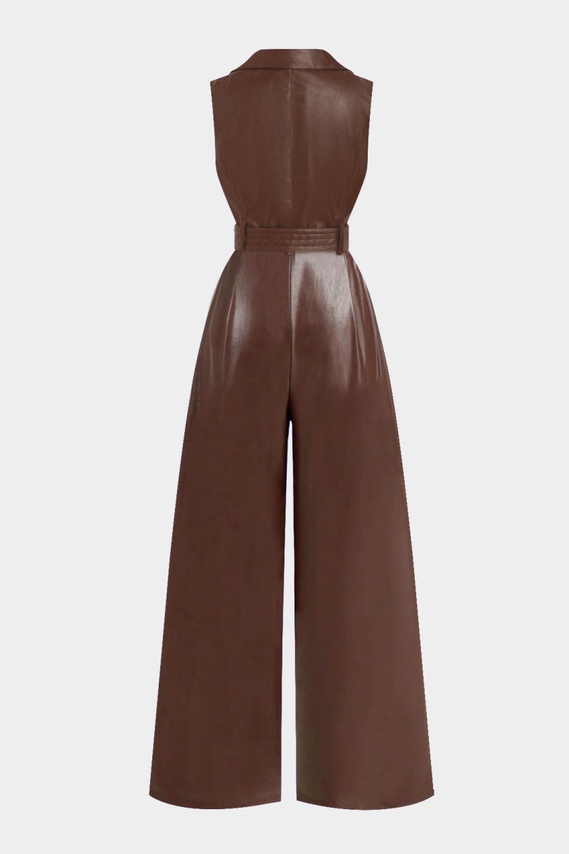 Faux Leather Belted Tank Sleeveless Jumpsuit - MISMIMCWUJ2509220042-BROWN-XS