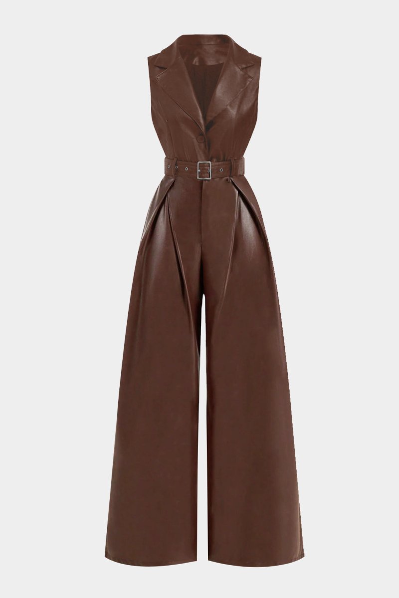 Faux Leather Belted Tank Sleeveless Jumpsuit - MISMIMCWUJ2509220042-BROWN-XS