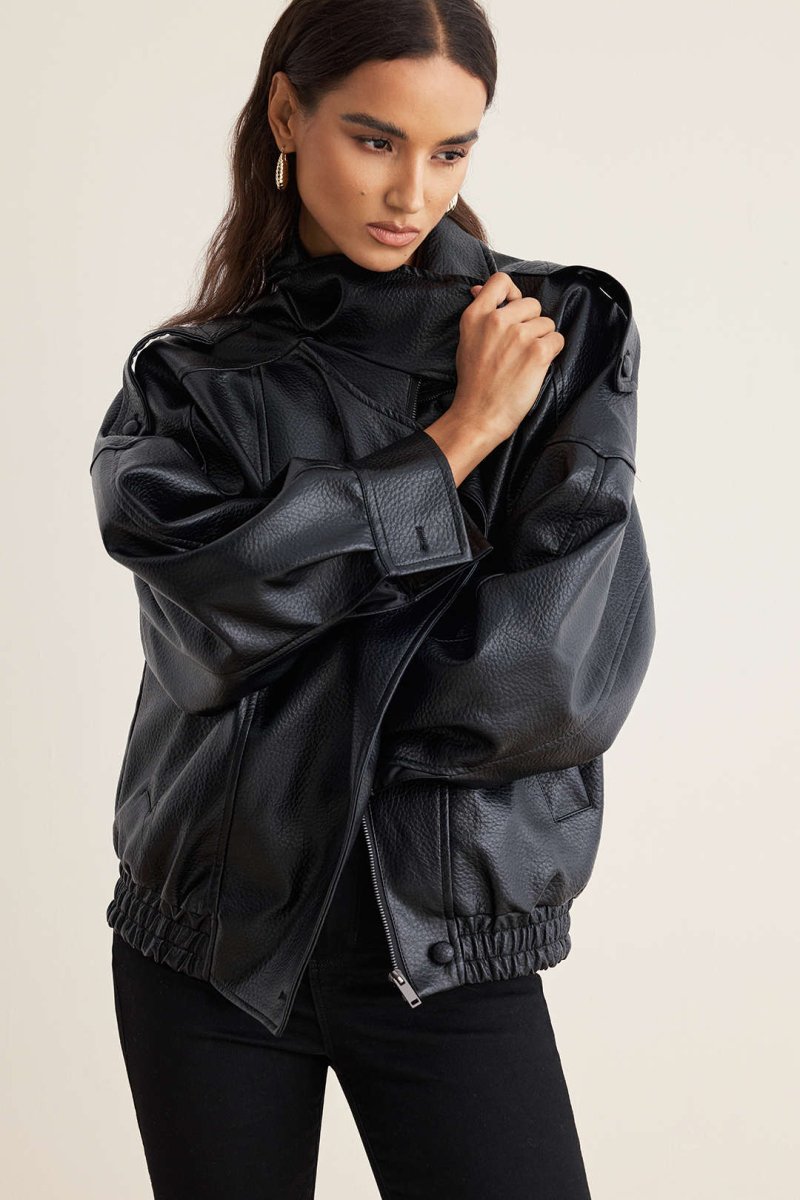 Faux Leather Button Jacket - MISMIMCWOJ2509010022-BLACK-S