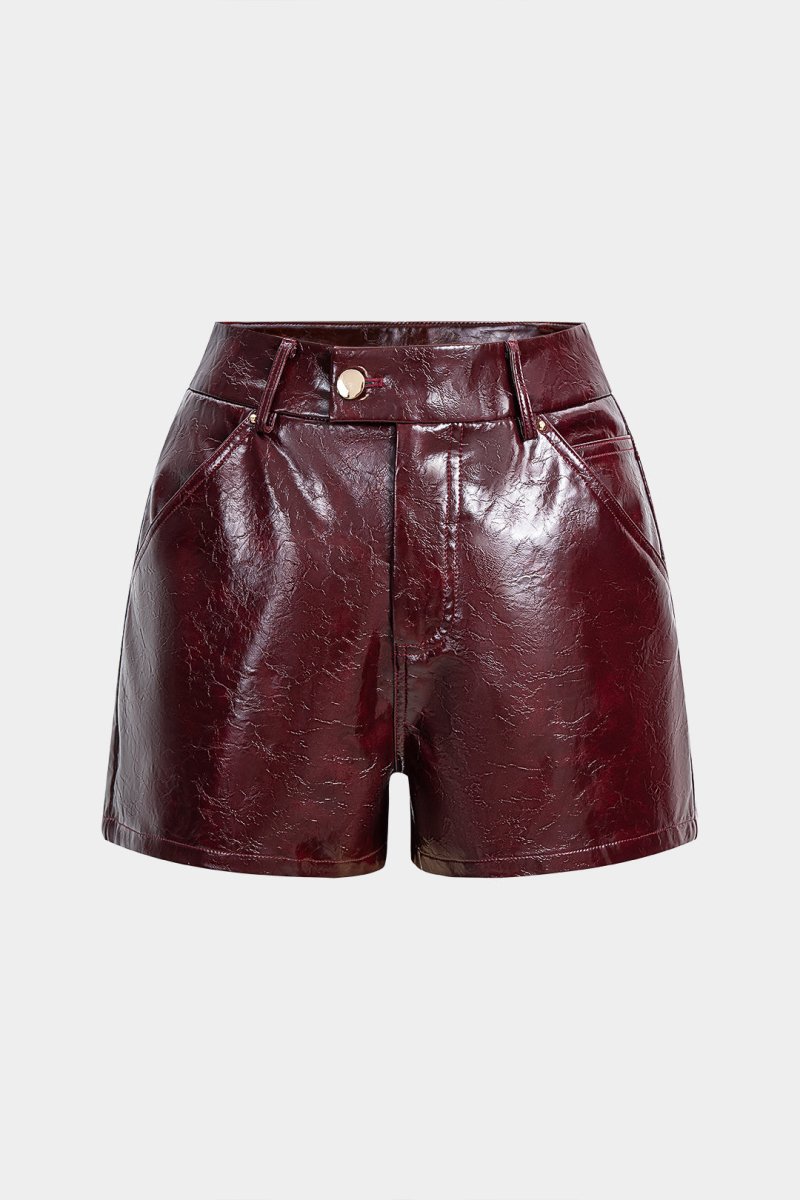Faux Leather Button Shorts - MISMIMCWBS2510090032-BURGUNDY-XS