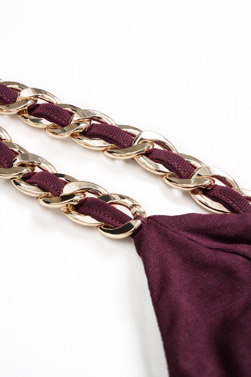 Faux Leather Chain Patchwork Ruched Sleeveless Mini Dress - MISMIMCWDC2509040043-BURGUNDY-XS