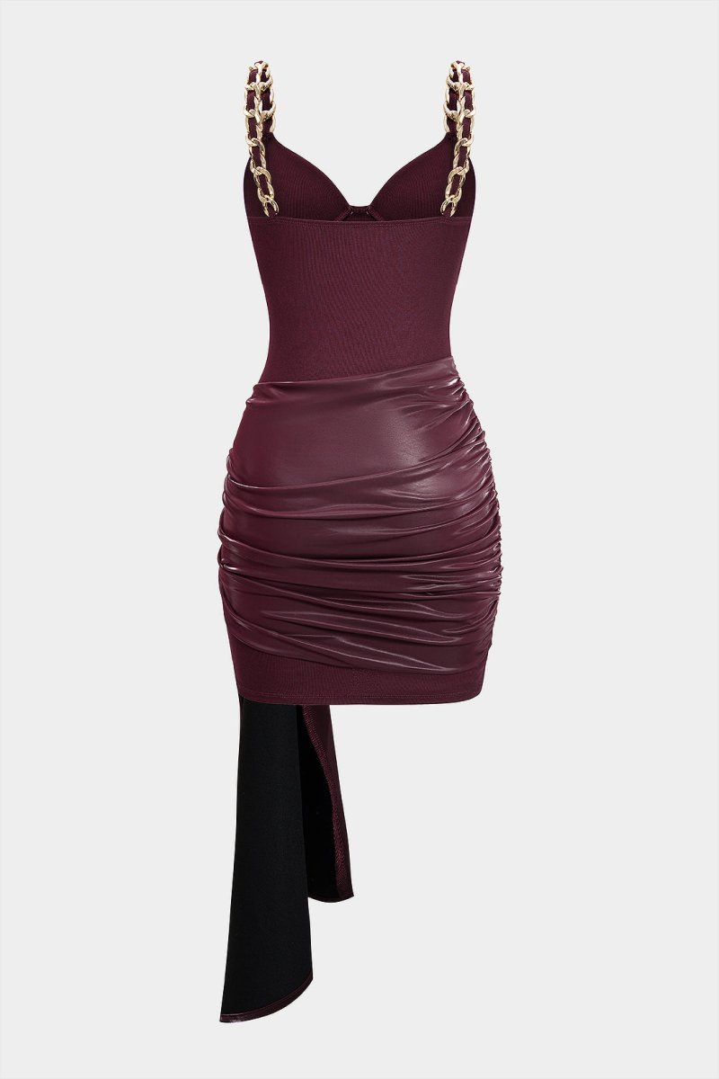 Faux Leather Chain Patchwork Ruched Sleeveless Mini Dress - MISMIMCWDC2509040043-BURGUNDY-XS