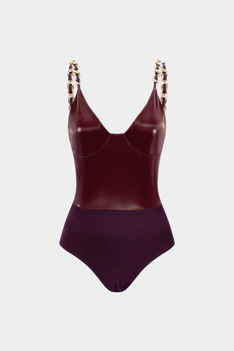 Faux Leather Chain Patchwork Sleeveless Bodysuit - MISMIMCWTO2507260012-BURGUNDY-XS