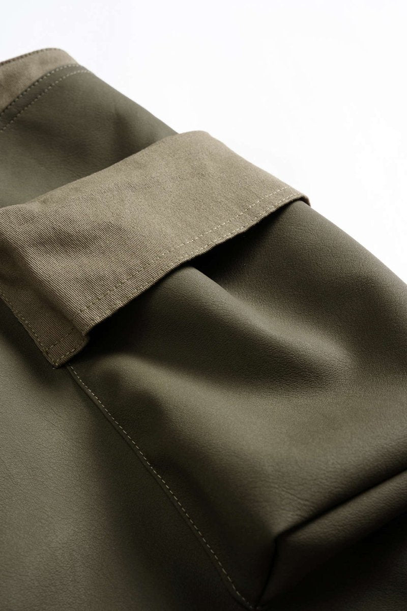Faux Leather Contrast Pocket Skirt - MISMIMCWBK2506060066-OLIVE-XS