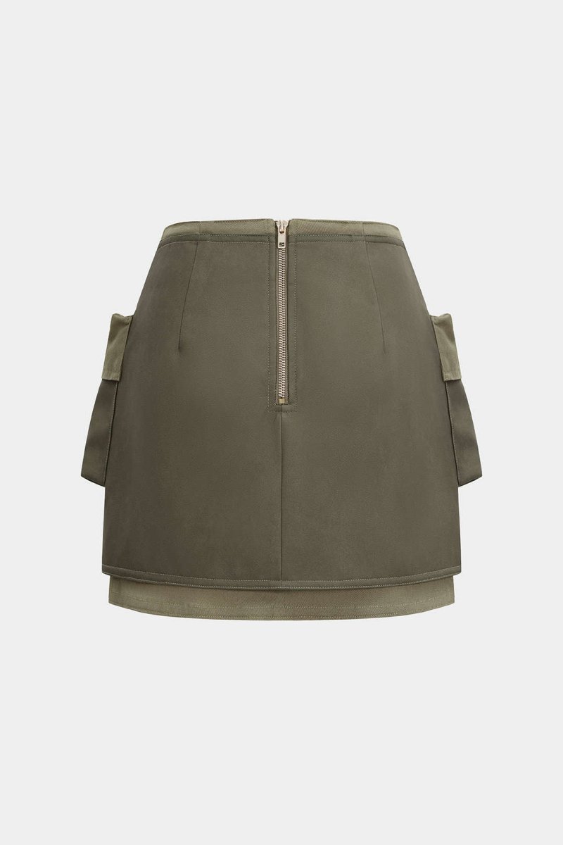 Faux Leather Contrast Pocket Skirt - MISMIMCWBK2506060066-OLIVE-XS