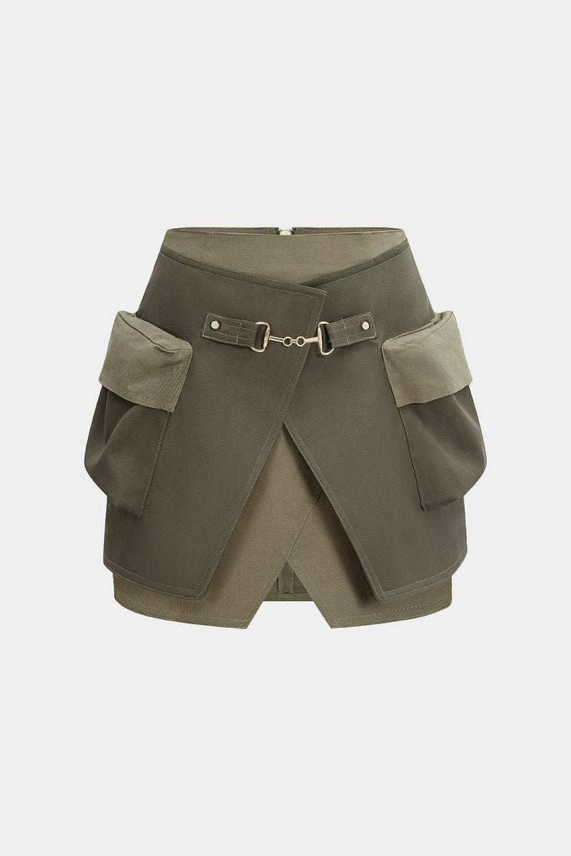 Faux Leather Contrast Pocket Skirt - MISMIMCWBK2506060066-OLIVE-XS
