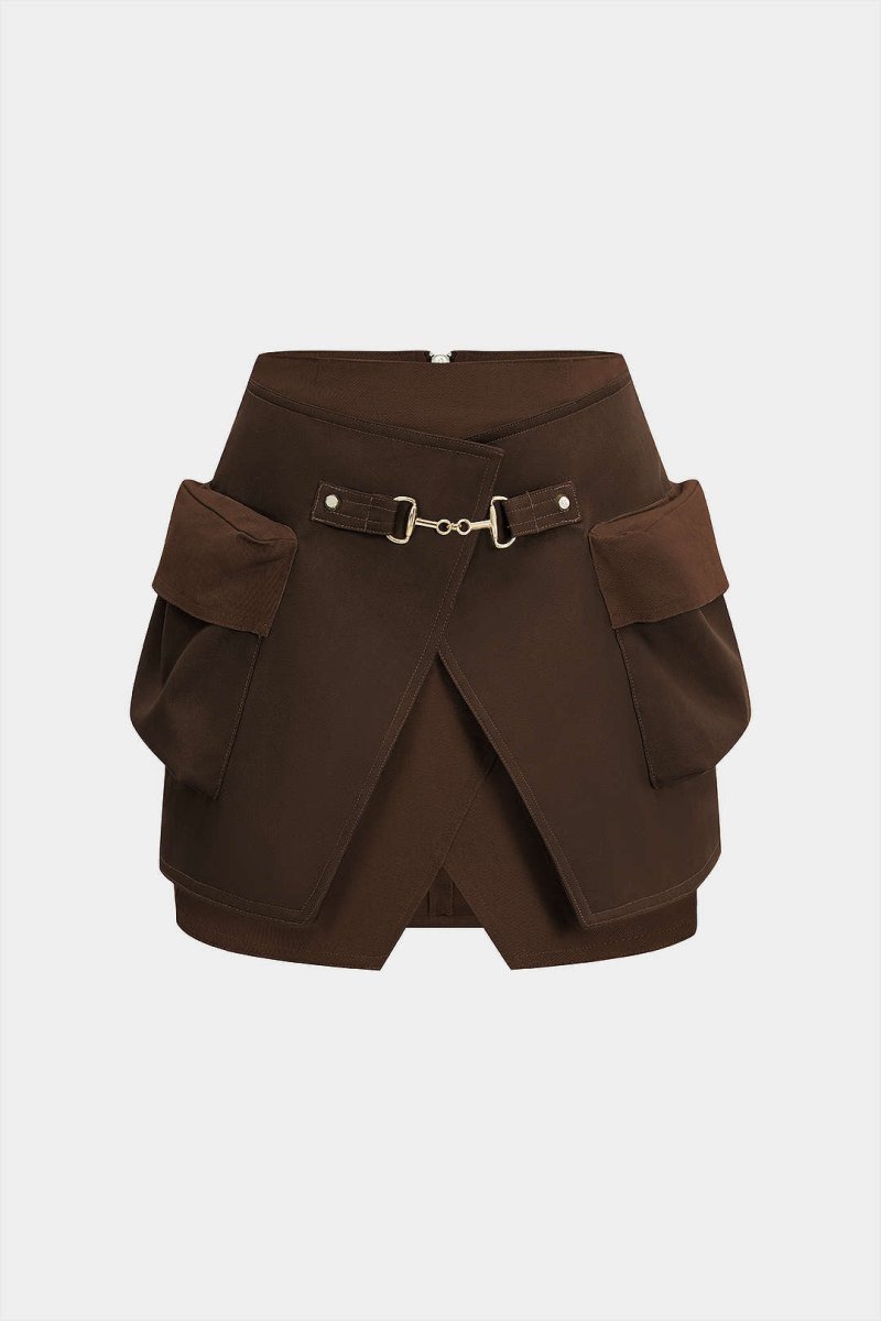 Faux Leather Contrast Pocket Skirt - MISMIMCWBK2506060066-BROWN-XS