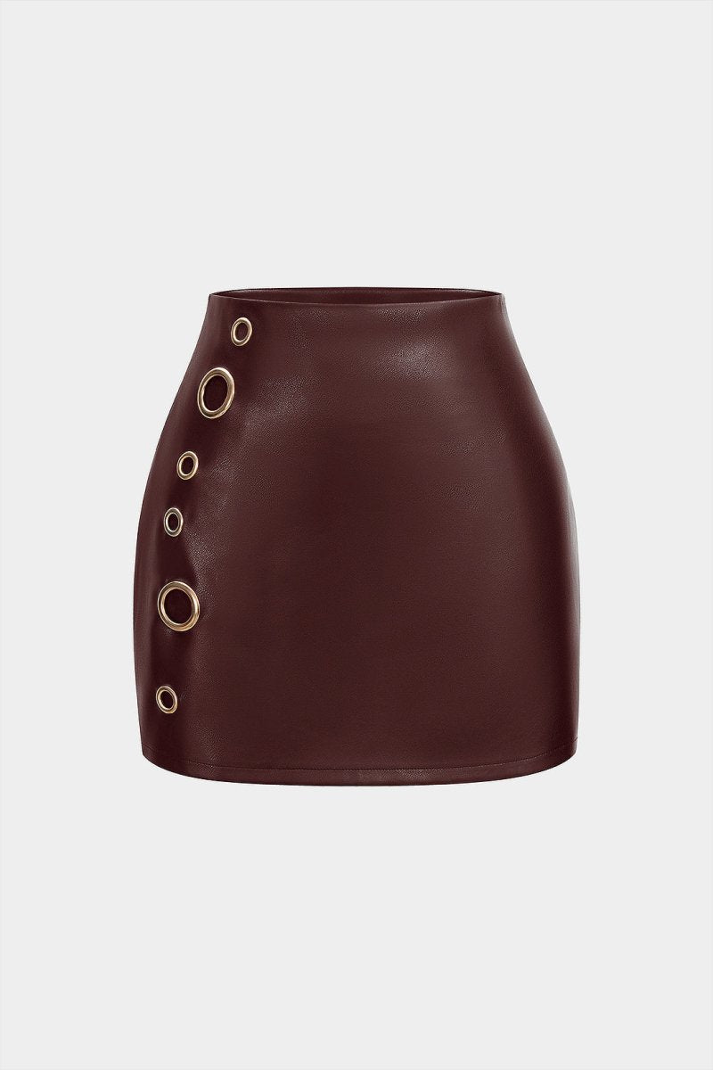 Faux Leather Eyelet Skirt - MISMIMCWBK2509250082-BURGUNDY-XS