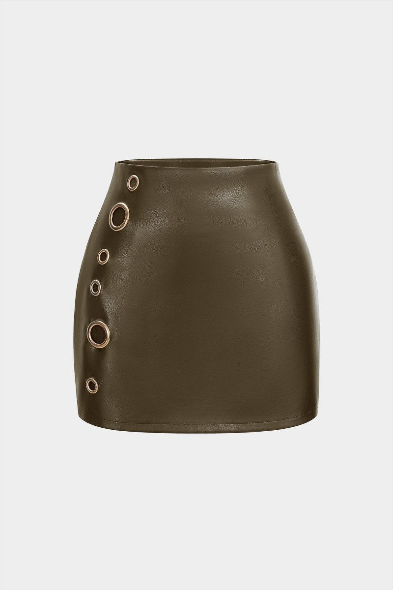 Faux Leather Eyelet Skirt - MISMIMCWBK2509250082-GREEN-XS