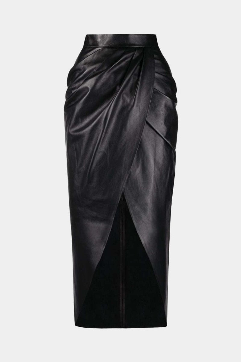 Faux Leather High Slit Ruched Crossed Skirt - MISMIMCWSX2509080208-BLACK-XS