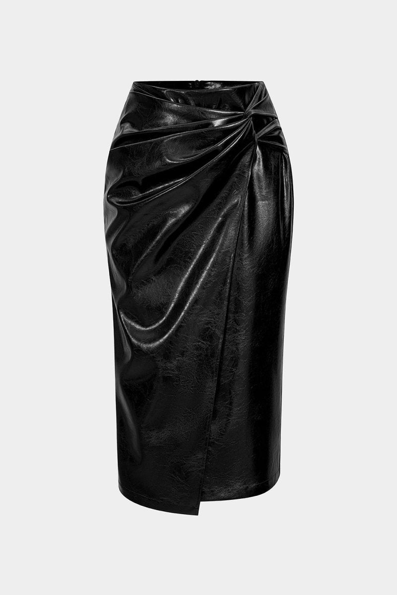 Faux Leather High Waist Ruched Asymmetrical Skirt - MISMIMCWBK2508050081-BLACK-XS