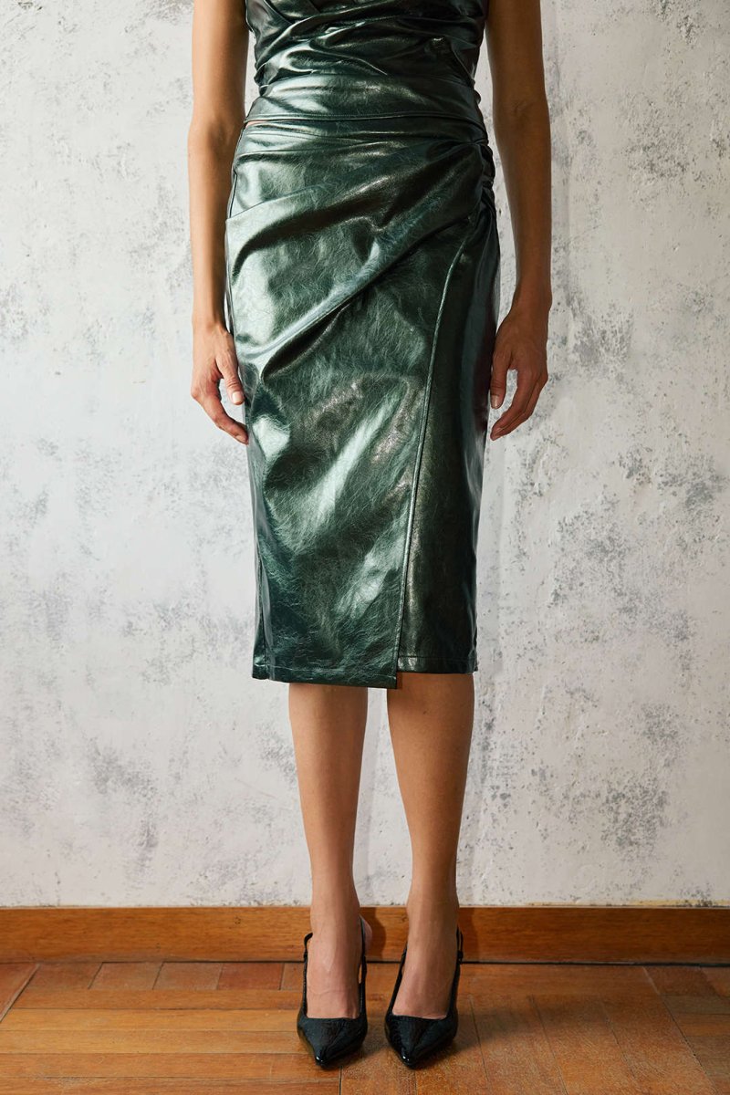 Faux Leather High Waist Ruched Asymmetrical Skirt - MISMIMCWBK2508050081-DARK GREEN-XS