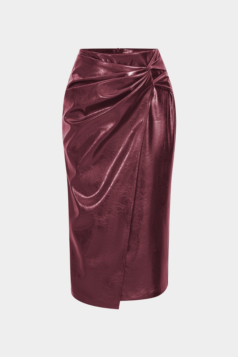 Faux Leather High Waist Ruched Asymmetrical Skirt - MISMIMCWBK2508050081-BURGUNDY-XS