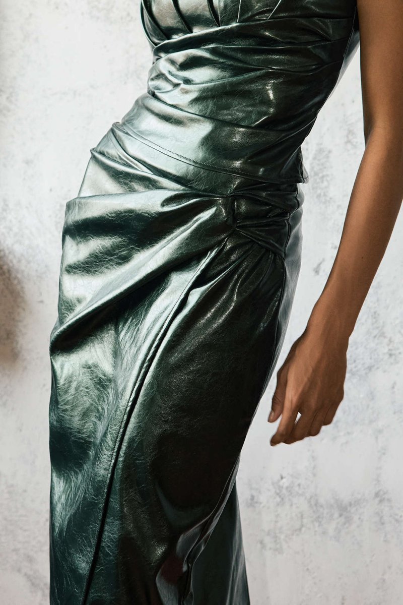 Faux Leather High Waist Ruched Asymmetrical Skirt - MISMIMCWBK2508050081-DARK GREEN-XS