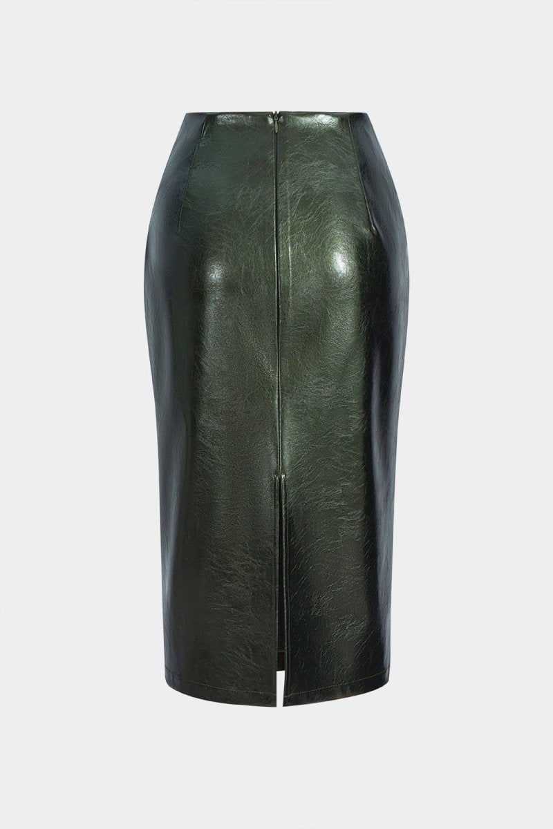 Faux Leather High Waist Ruched Asymmetrical Skirt - MISMIMCWBK2508050081-DARK GREEN-XS
