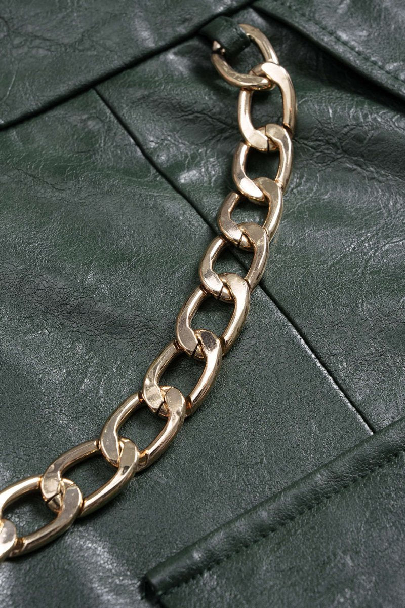 Faux Leather Metallic Asymmetrical Shorts - MISMIMCWBK2509050016-MILITARY-XS