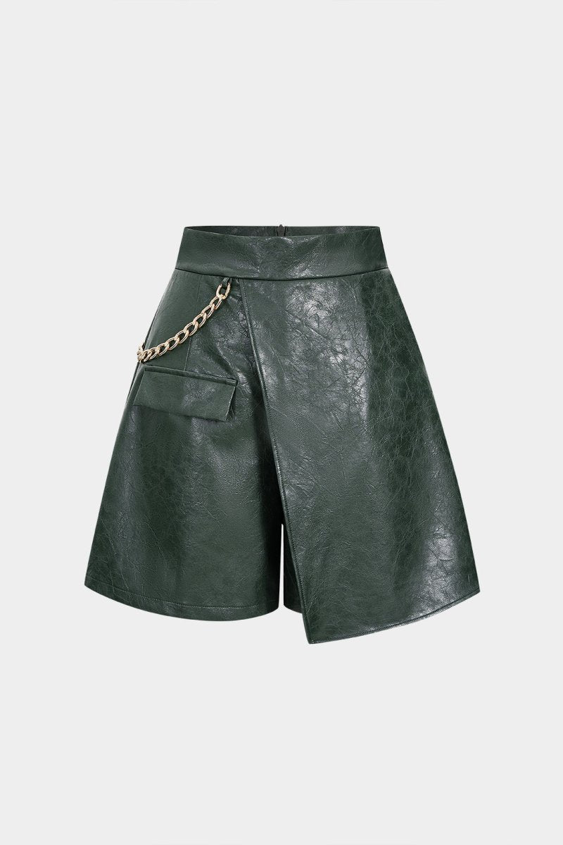 Faux Leather Metallic Asymmetrical Shorts - MISMIMCWBK2509050016-MILITARY-XS