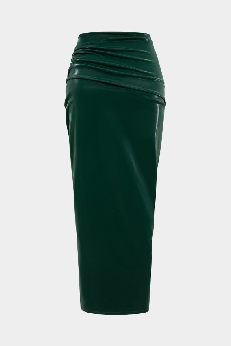 Faux Leather Metallic Chain Ruched Asymmetrical Skirt - MISMIMCWBK2507260013-JADE-XS