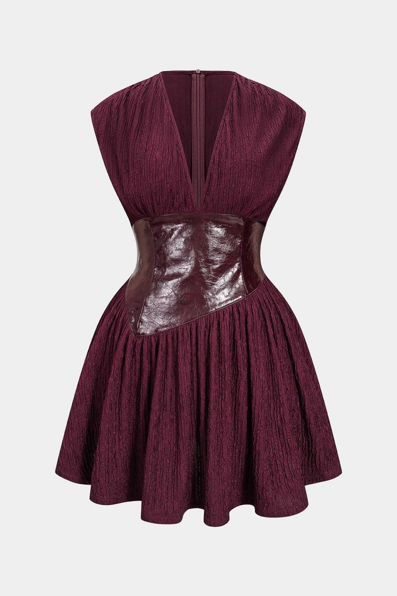 Faux Leather Patchwork Button Sleeveless Mini Dress - MISMIMCWTV2510090054-BURGUNDY-XS