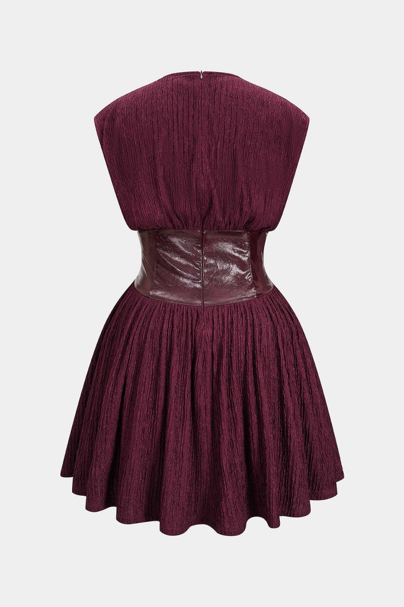 Faux Leather Patchwork Button Sleeveless Mini Dress - MISMIMCWTV2510090054-BURGUNDY-XS