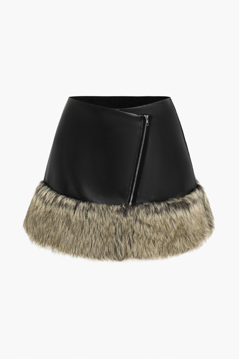 Faux Leather Patchwork Fur Skirt - MISMIMCWBK2410150068-BLACK-XS