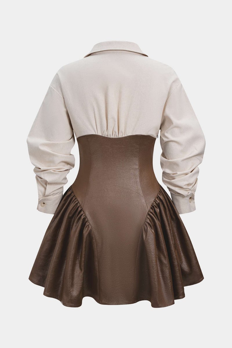 Faux Leather Patchwork Long Sleeve Mini Dress - MISMIMCWDC2510110020-BROWN-XS