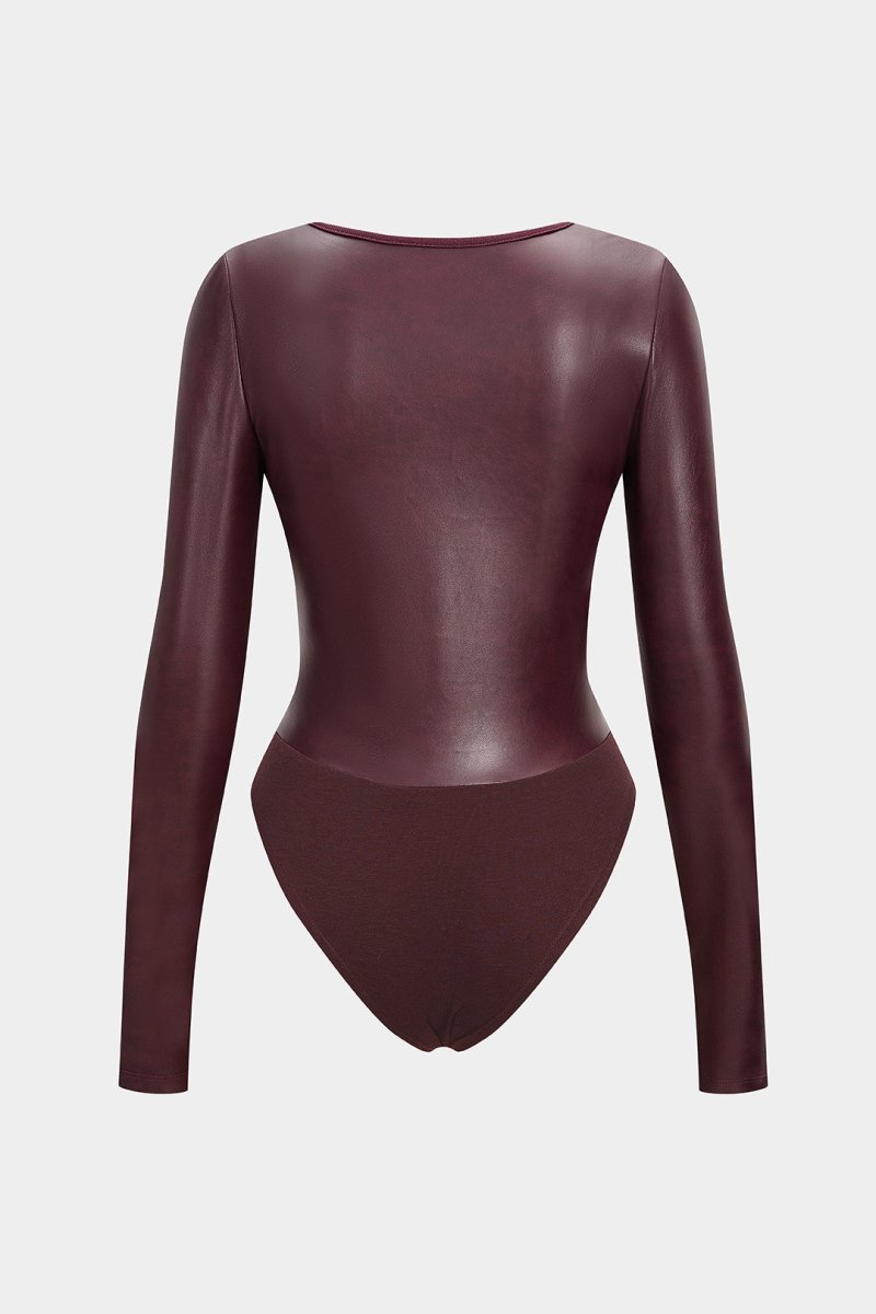 Faux Leather Patchwork Round Neck Long Sleeve Bodysuit - MISMIMCWTO2508250026-BURGUNDY-XS
