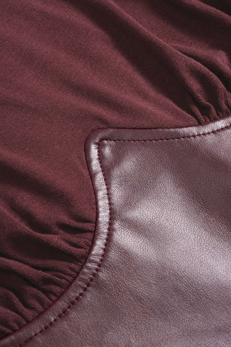 Faux Leather Patchwork Round Neck Long Sleeve Bodysuit - MISMIMCWTO2508250026-BURGUNDY-XS