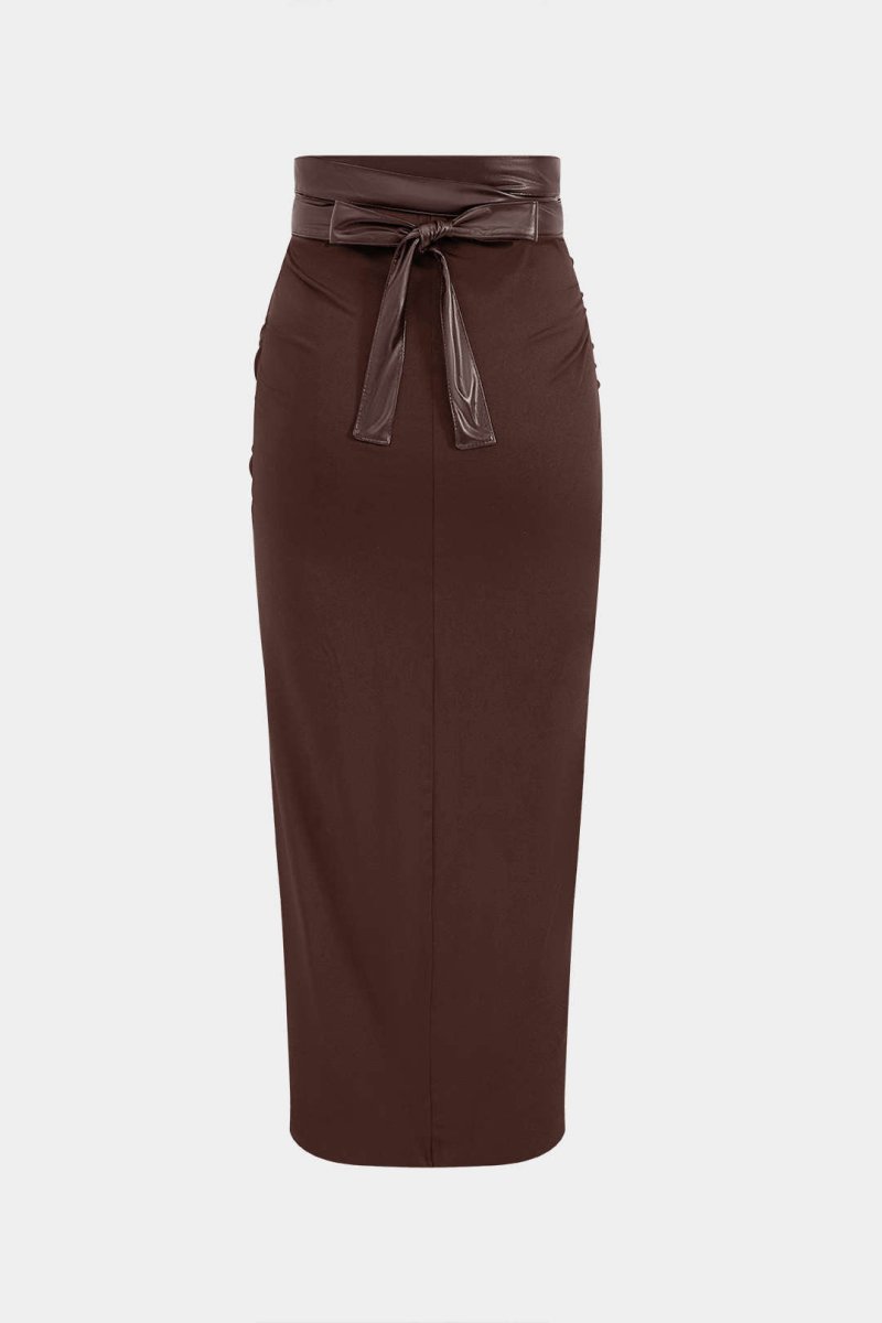 Faux Leather Patchwork Ruched Skirt - MISMIMCWBK2409300025-BROWN-XS