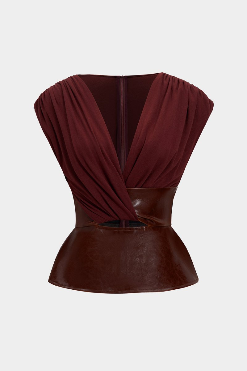 Faux Leather Patchwork Ruched Zipper Short - Sleeve Top - MISMIMCWTT2506040001-BURGUNDY-XS