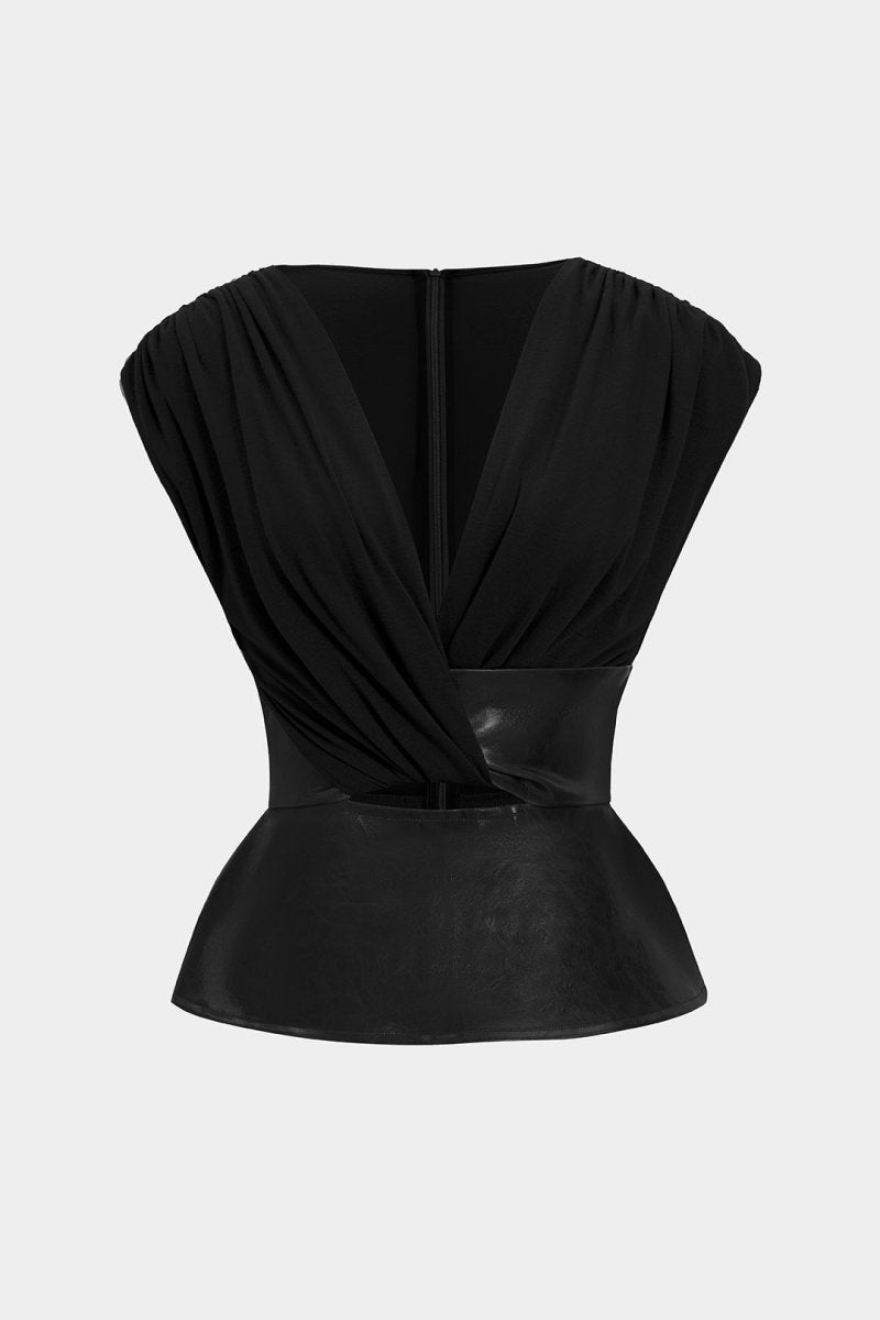 Faux Leather Patchwork Ruched Zipper Short - Sleeve Top - MISMIMCWTT2506040001-BLACK-XS