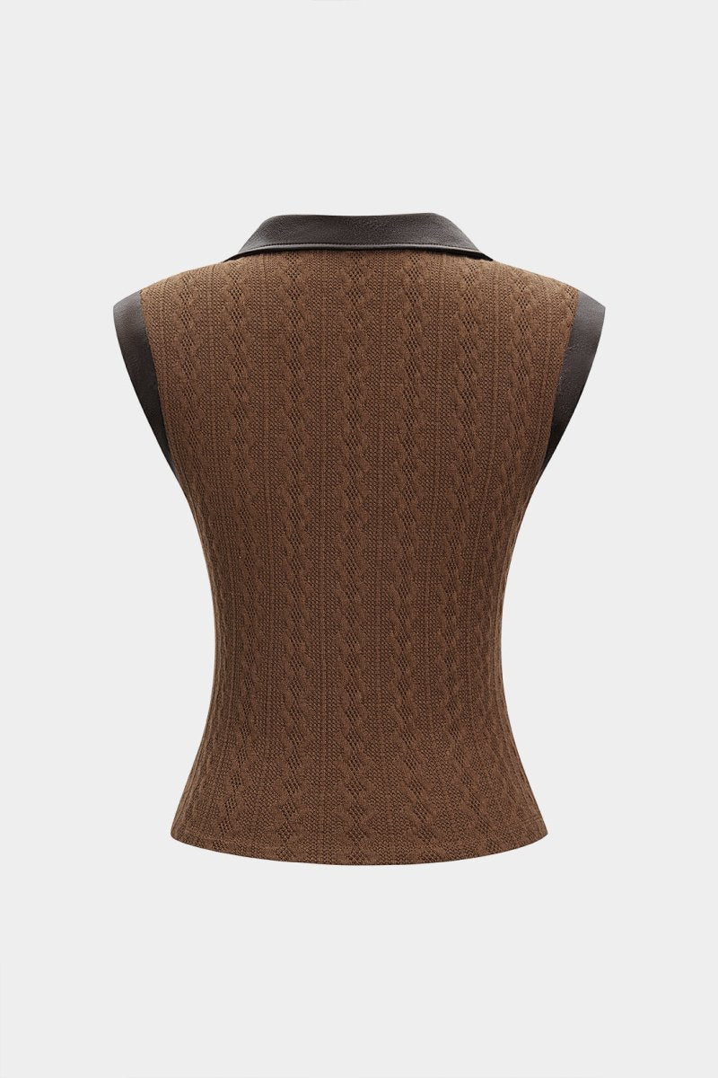 Faux Leather Patchwork Sleeveless T-Shirt - MISMIMCWTS2506040005-BROWN-XS