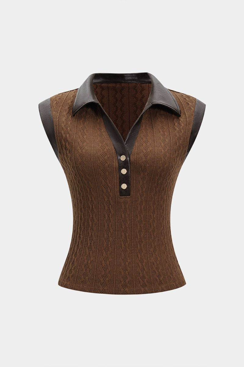 Faux Leather Patchwork Sleeveless T-Shirt - MISMIMCWTS2506040005-BROWN-XS