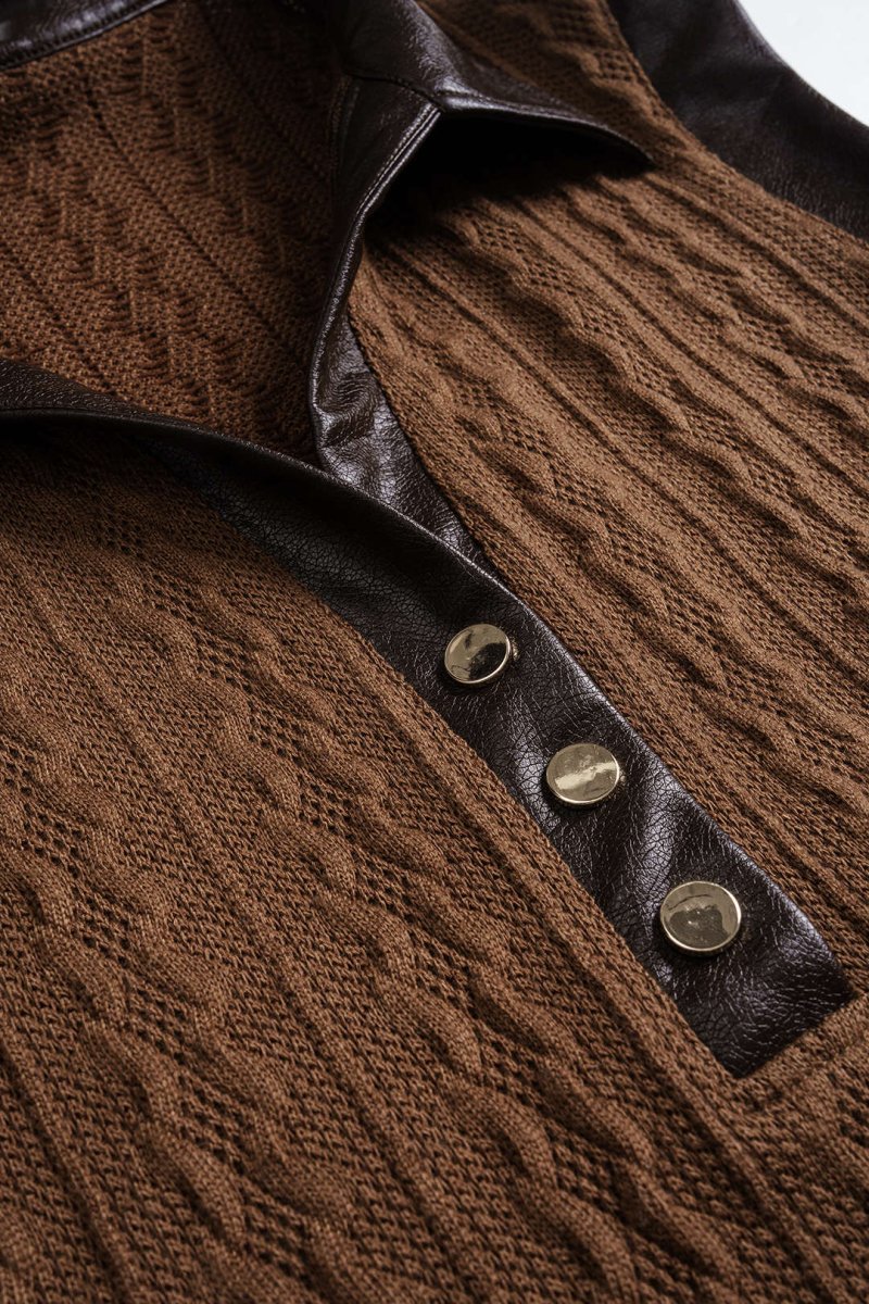 Faux Leather Patchwork Sleeveless T-Shirt - MISMIMCWTS2506040005-BROWN-XS