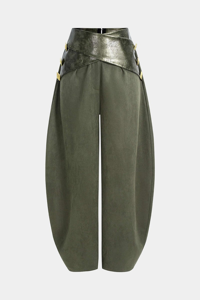 Faux Leather Patchwork Suede Metallic Decor High Waist Pants - MISMIMCWBT2509190041-DARK GREEN-XS