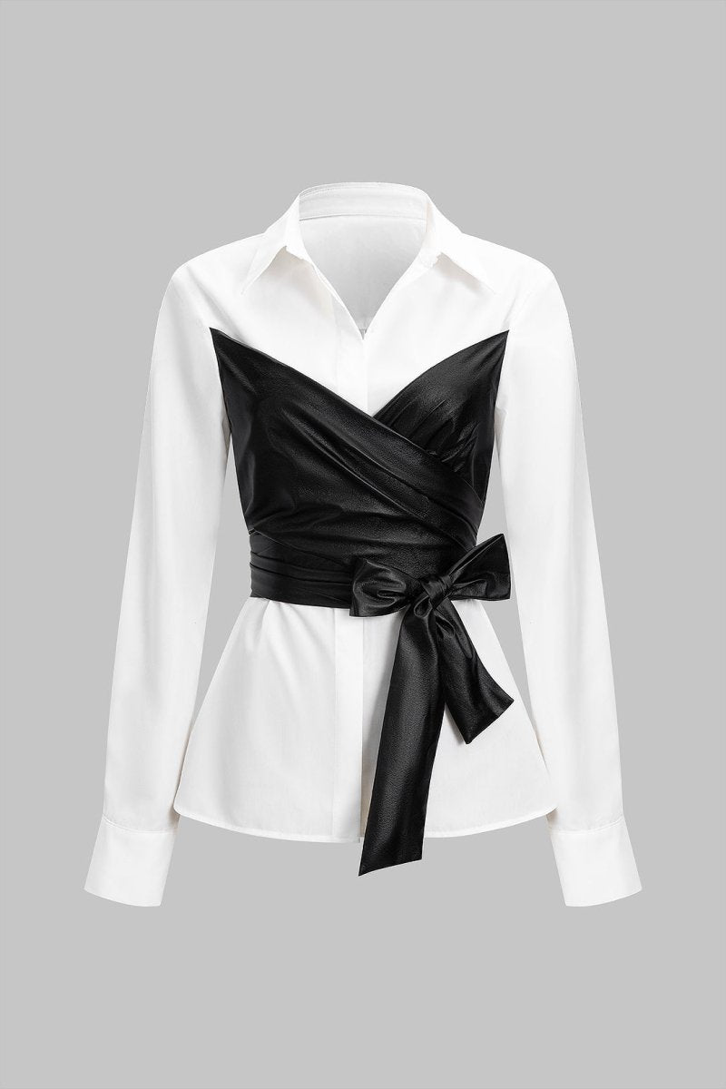Faux Leather Patchwork Tie - Back Long - Sleeve Shirt - MISMIMCWTE2509160108-WHITE-XS