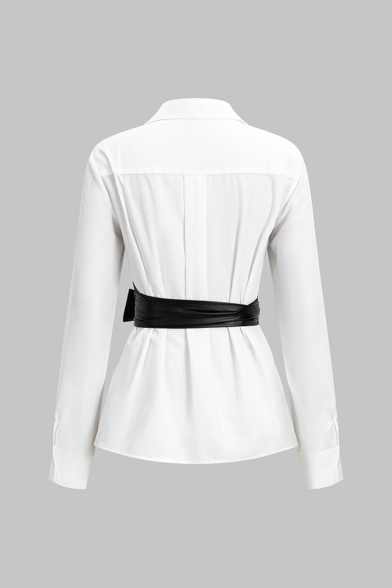 Faux Leather Patchwork Tie - Back Long - Sleeve Shirt - MISMIMCWTE2509160108-WHITE-XS