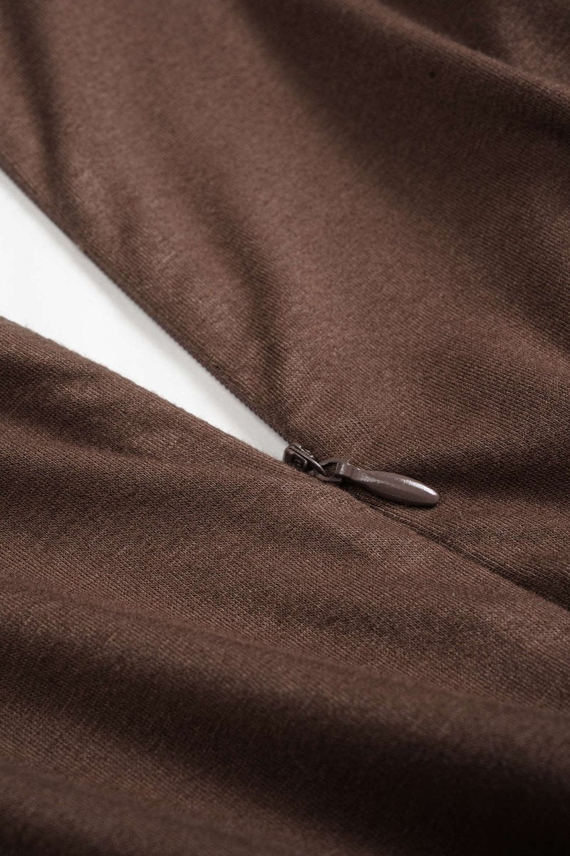 Faux Leather Patchwork V - Neck Ruched Sleeveless Mini Dress - MISMIMCWDC2508260009-BROWN-XS