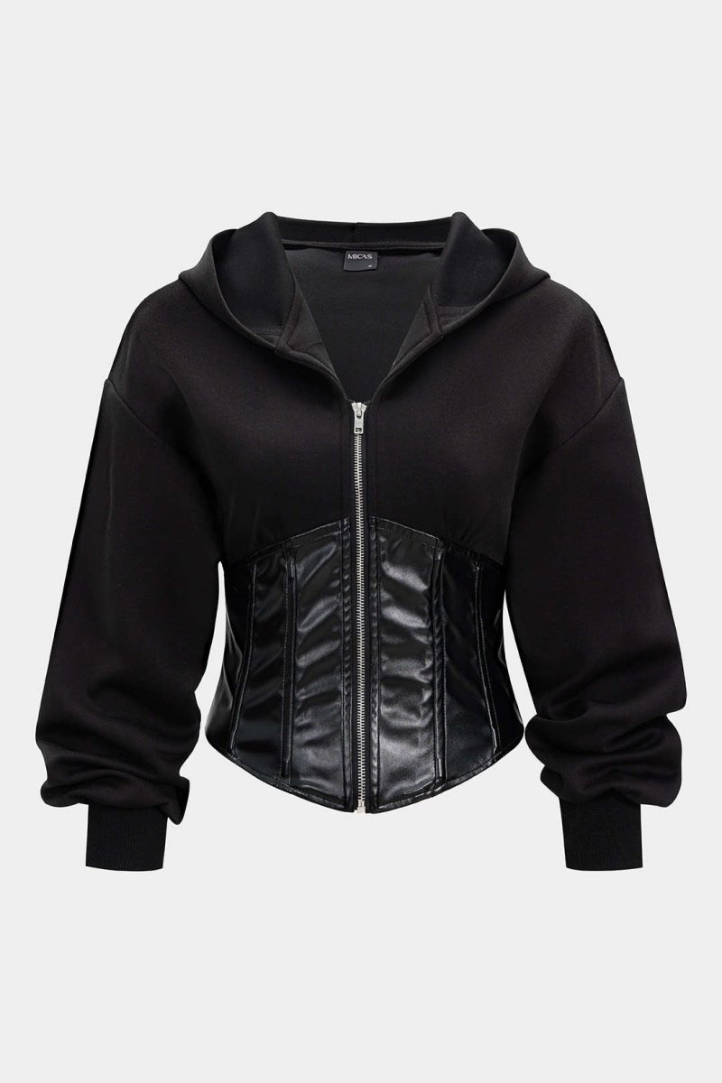 Faux Leather Patchwork Zipper Hoodie - MISMIMCWTH2509160112-BLACK-XS