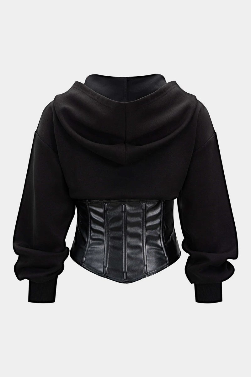 Faux Leather Patchwork Zipper Hoodie - MISMIMCWTH2509160112-BLACK-XS