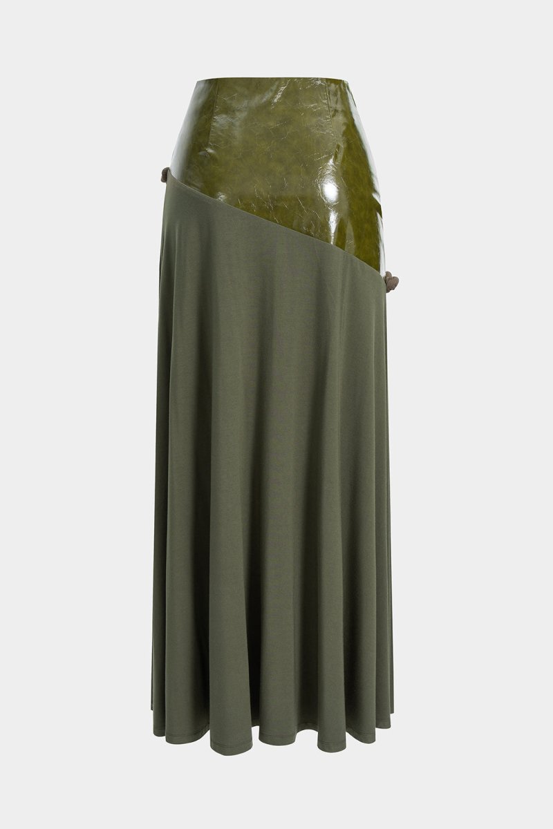 Faux Leather Patchwork Zipper Twist Knot Skirt - MISMIMCWBK2507020062-OLIVE-XS