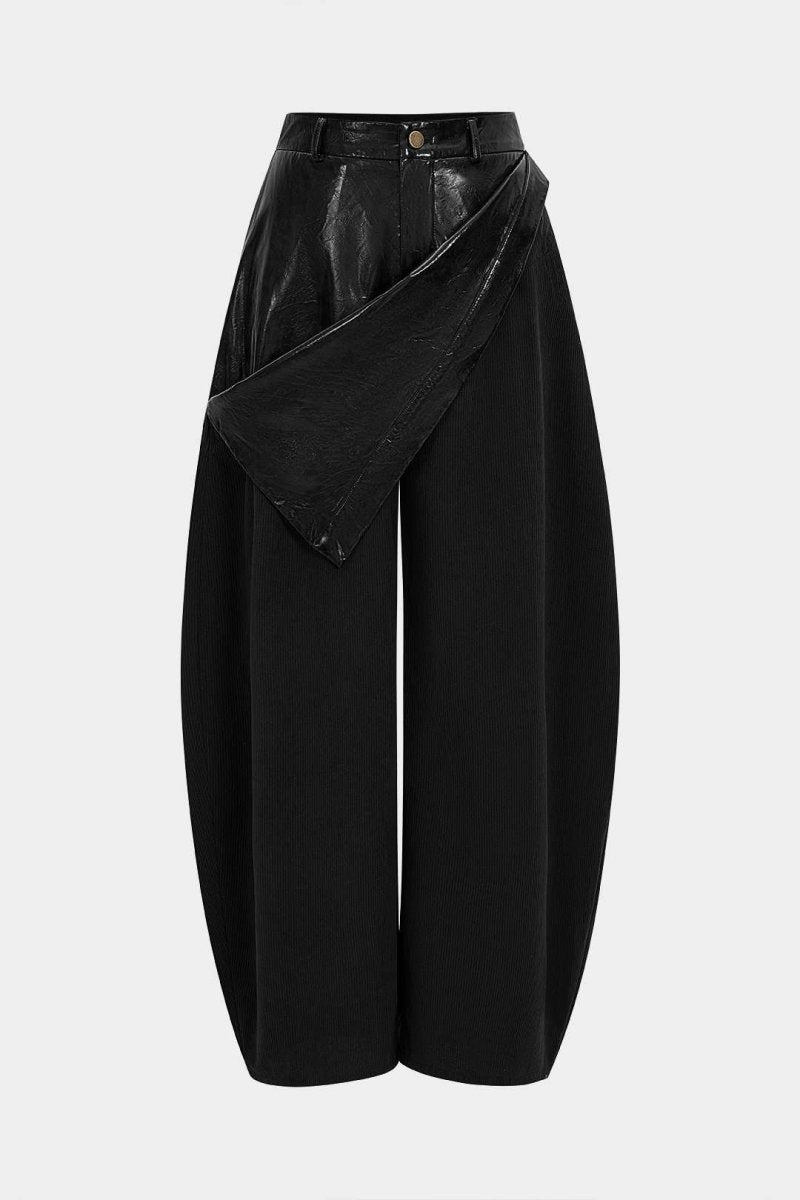Faux Leather Patchwork Zipper Wide Leg Pocket Barrel Trousers - MISMIMCWBT2507180027-BLACK-XS