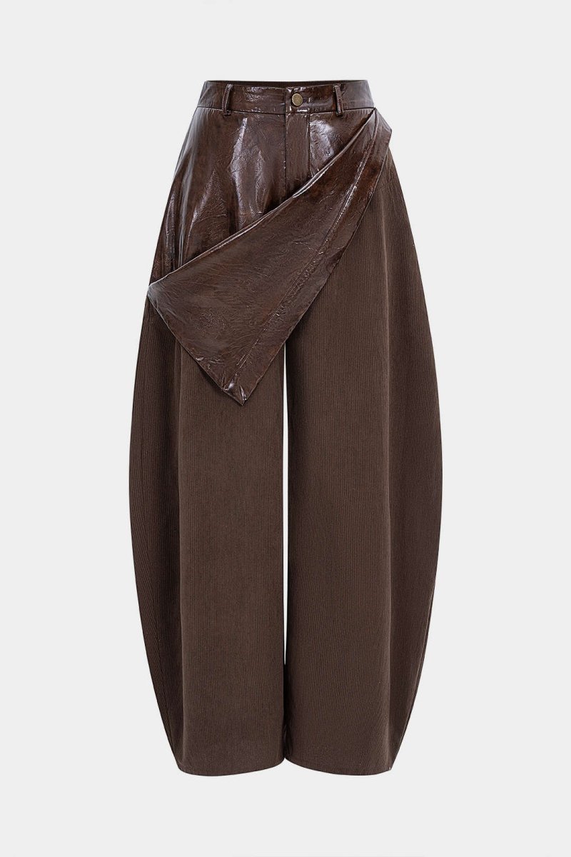 Faux Leather Patchwork Zipper Wide Leg Pocket Barrel Trousers - MISMIMCWBT2507180027-COFFEE-XS