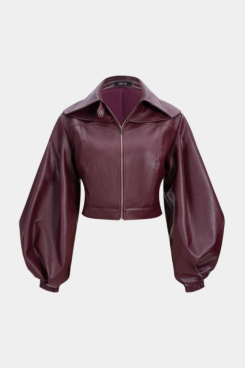 Faux Leather Puff Sleeve Zipper Jacket - MISMIMCWOJ2509160100-BURGUNDY-XS