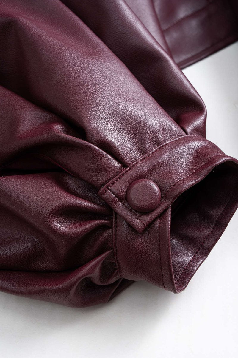 Faux Leather Puff Sleeve Zipper Jacket - MISMIMCWOJ2509160100-BURGUNDY-XS