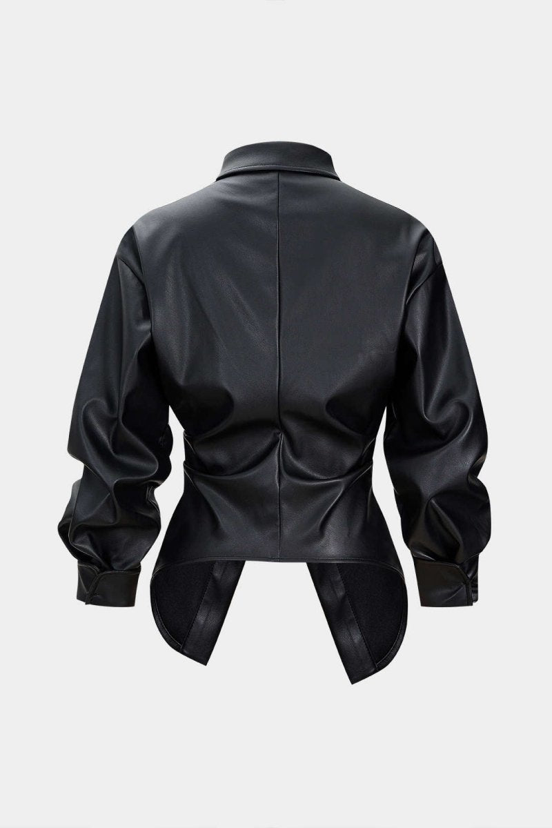 Faux Leather Ruched Button Asymmetrical Shirt - MISMIMCWTV2509260031-BLACK-XS