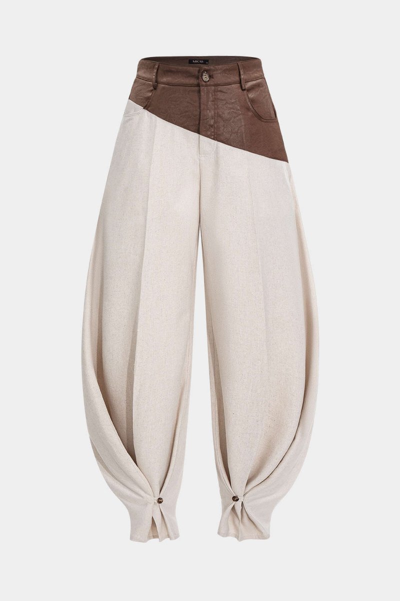 Faux Leather Ruched Patchwork Barrel Trousers - MISMIMCWBT2506190023-COFFEE-XXS