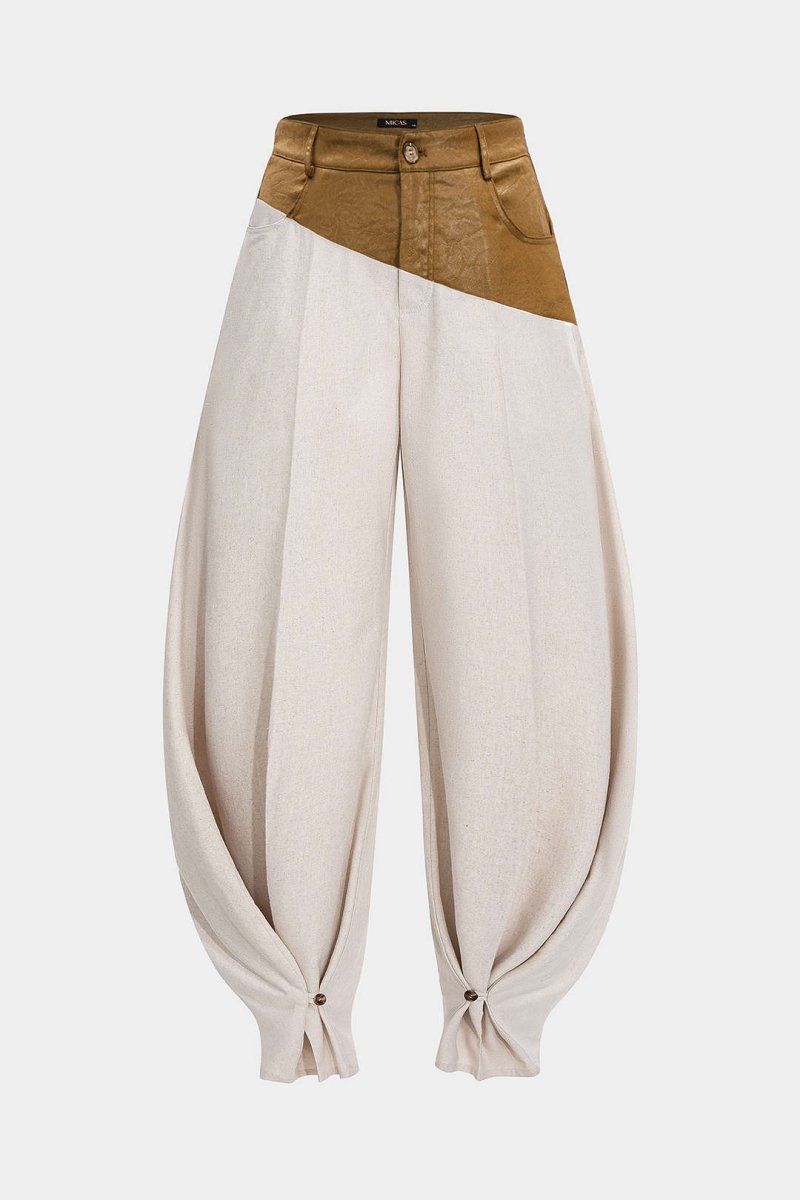 Faux Leather Ruched Patchwork Barrel Trousers - MISMIMCWBT2506190023-OCHRE-XS