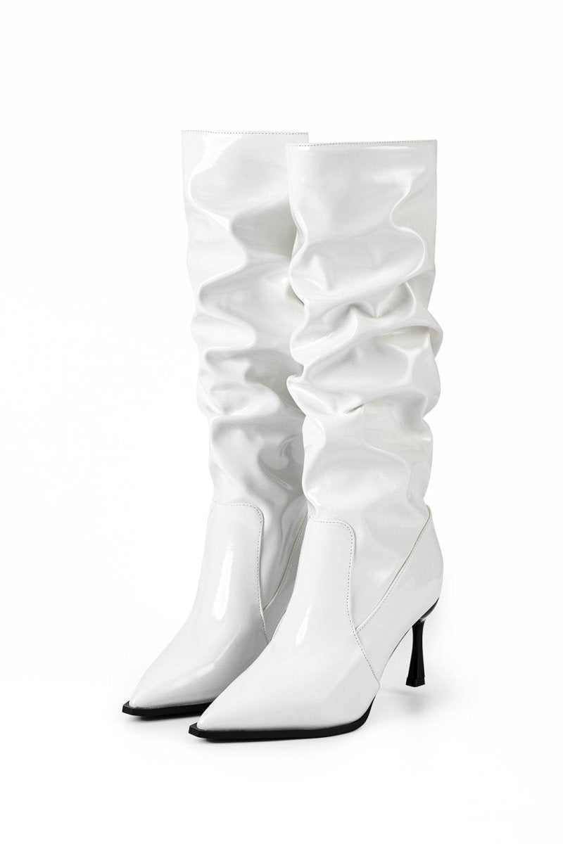 Faux Leather Ruched Pointed Toe Knee High Boots - MISMIMCSBK2409100005-WHITE-37
